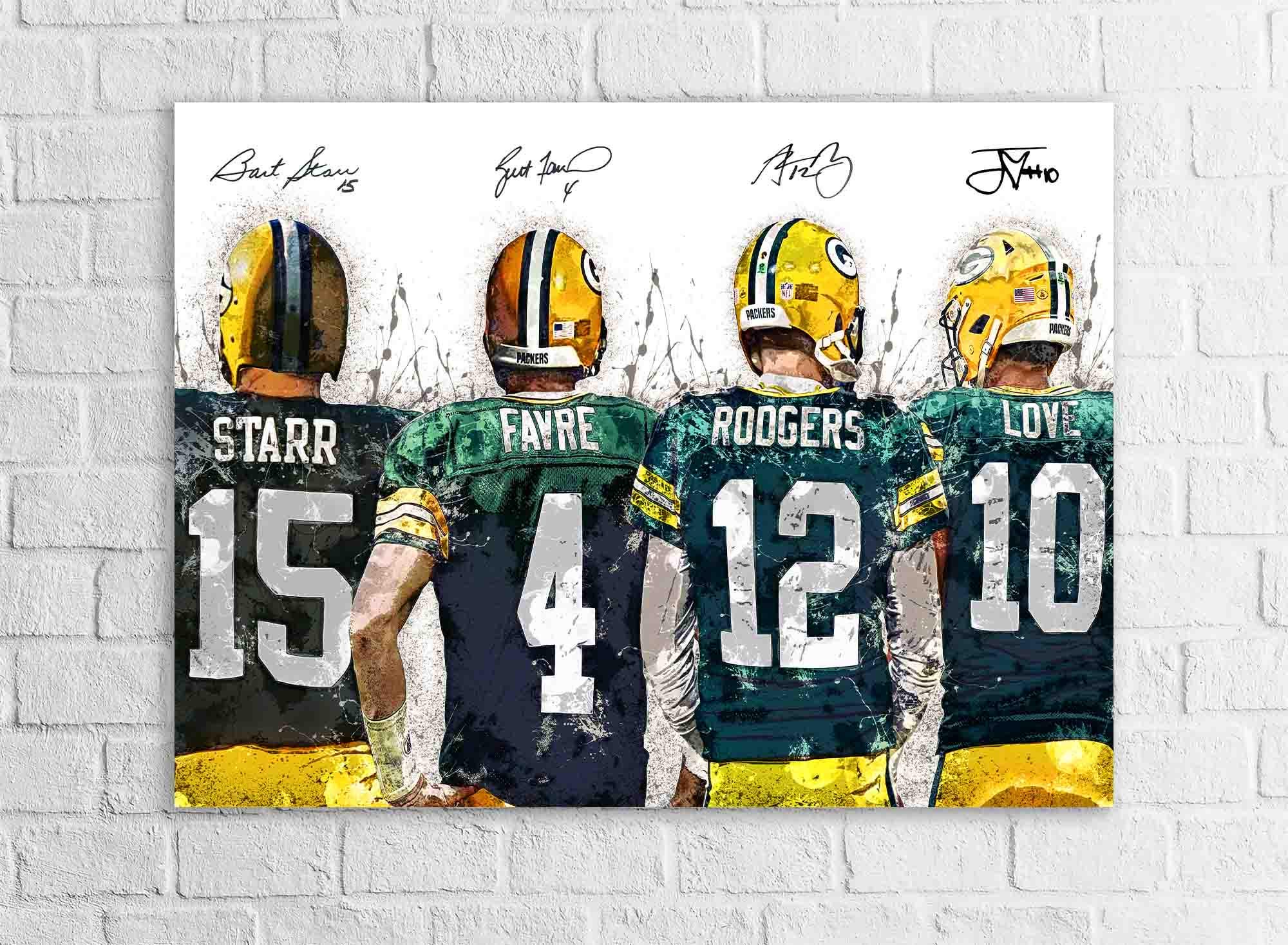Jordan Love, Aaron Rodgers, Brett Favre, Bart Starr Green bay Packers, Gallery Canvas Wrap or Museum-Quality Poster, Man Cave, Kids room
