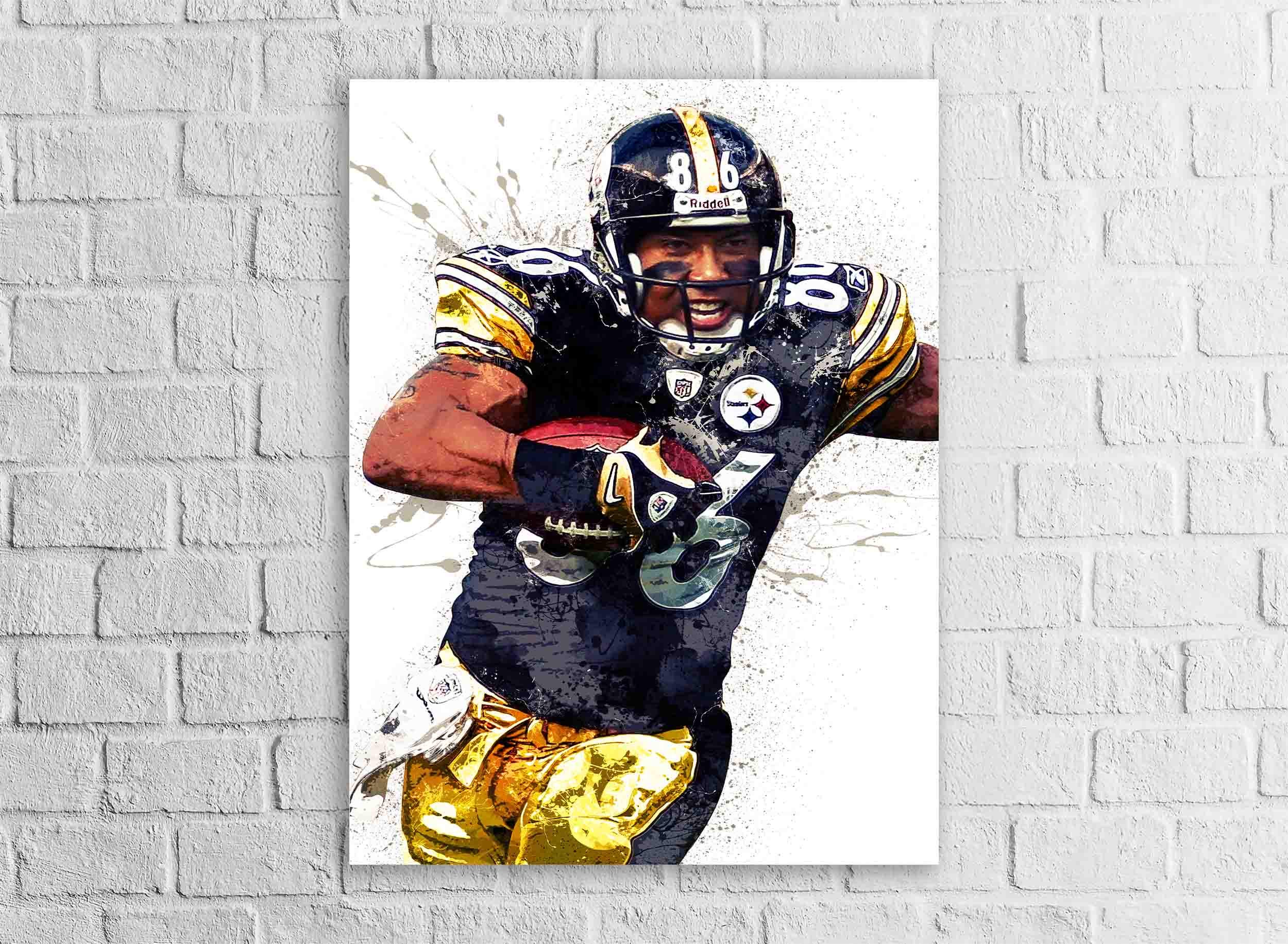 Dynamic illustration of Hines Ward in a Pittsburgh Steelers uniform, capturing his iconic look and energy as he runs with the football. A must-have for Steelers fans, this artwork makes the perfect gift, celebrating Pittsburgh pride and team legacy