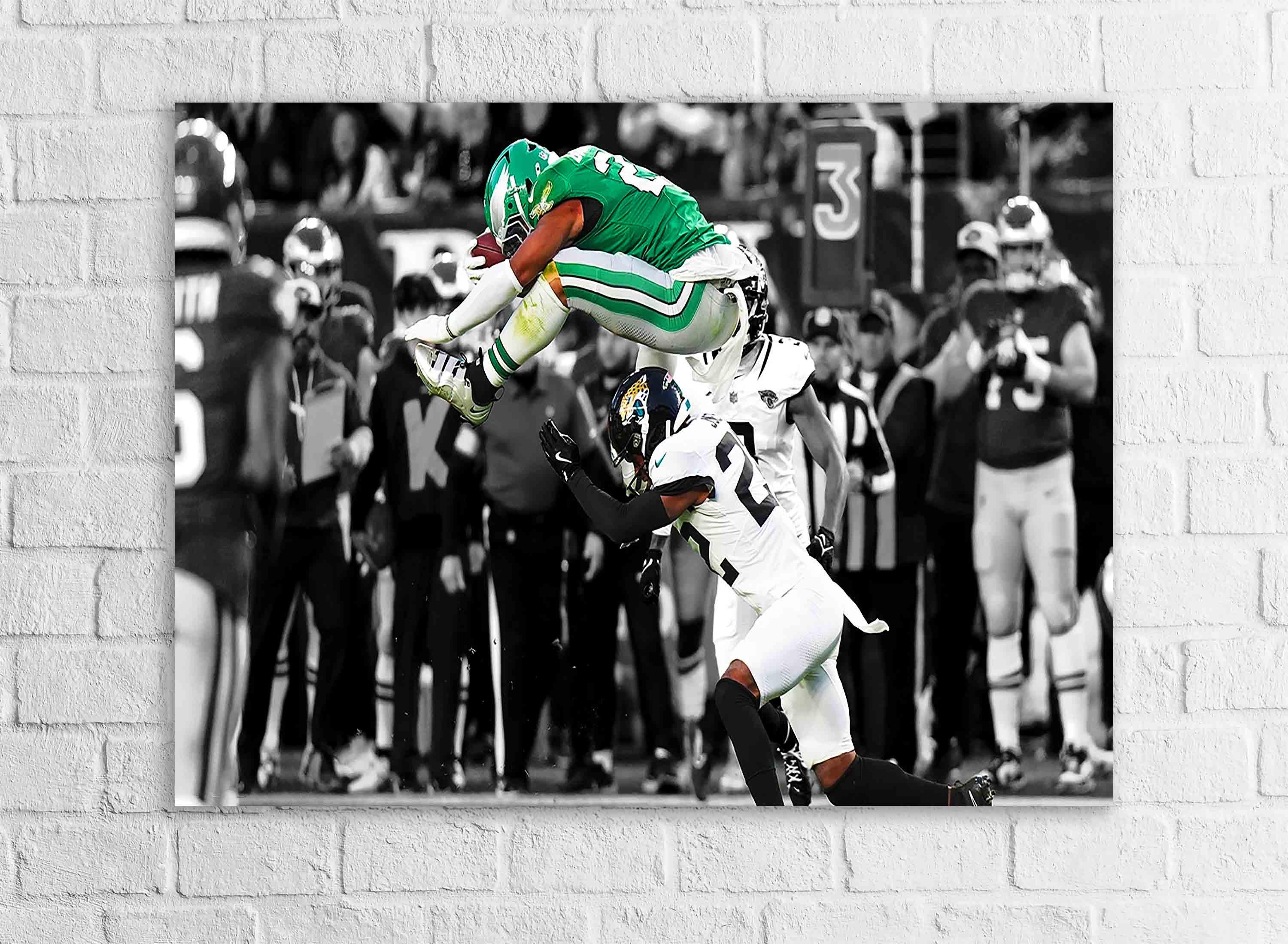 Saquon Barkley Poster, Reverse Hurdle, Philadelphia Eagles, Canvas Wrap or Museum-Quality Poster, Fine Art, Man Cave, Kids room or Office