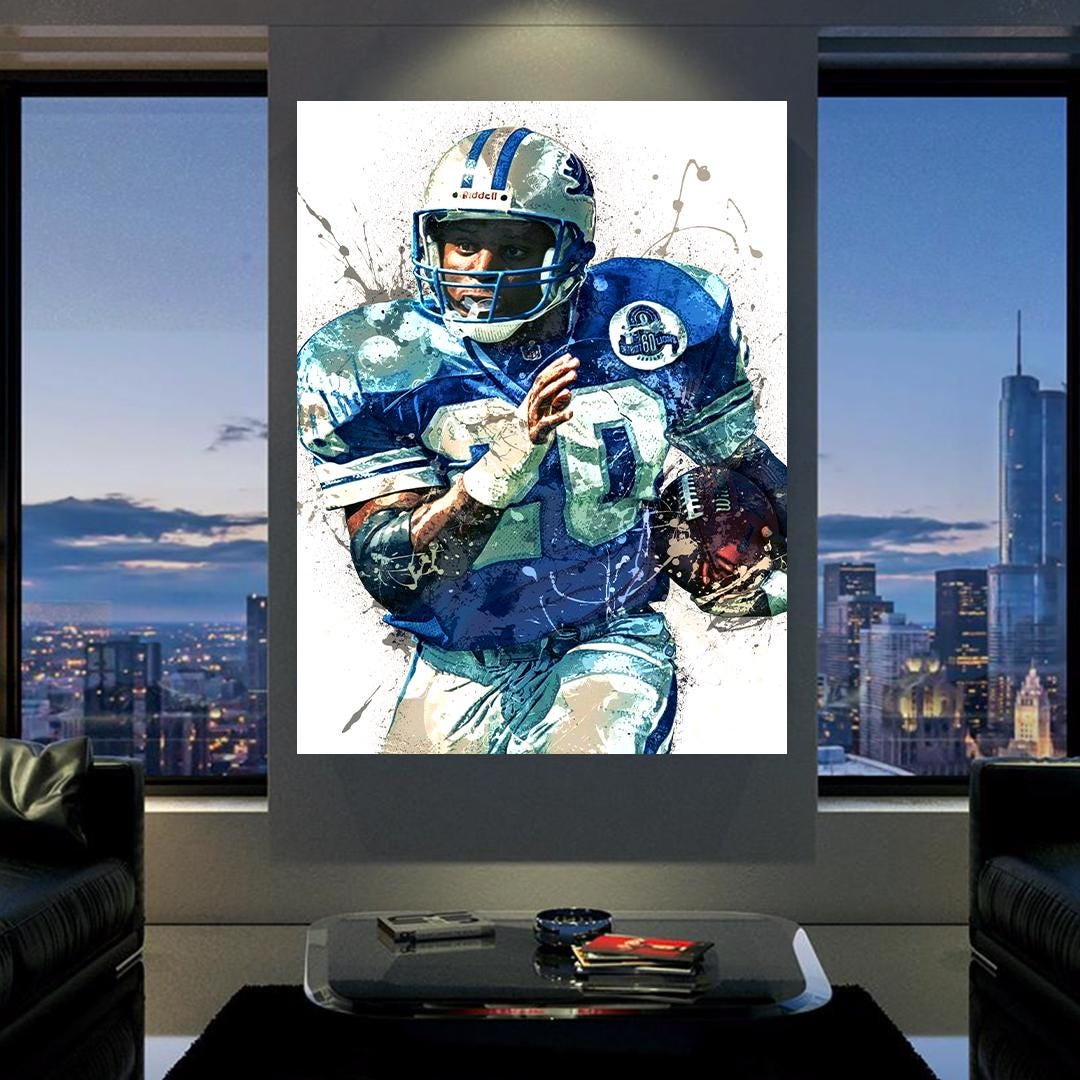 Barry Sanders Poster, Detroit Lions, Gallery Canvas Wrap or Museum-Quality Poster, Fine Art, Wall Decor for Man Cave, Kids room, Dorm