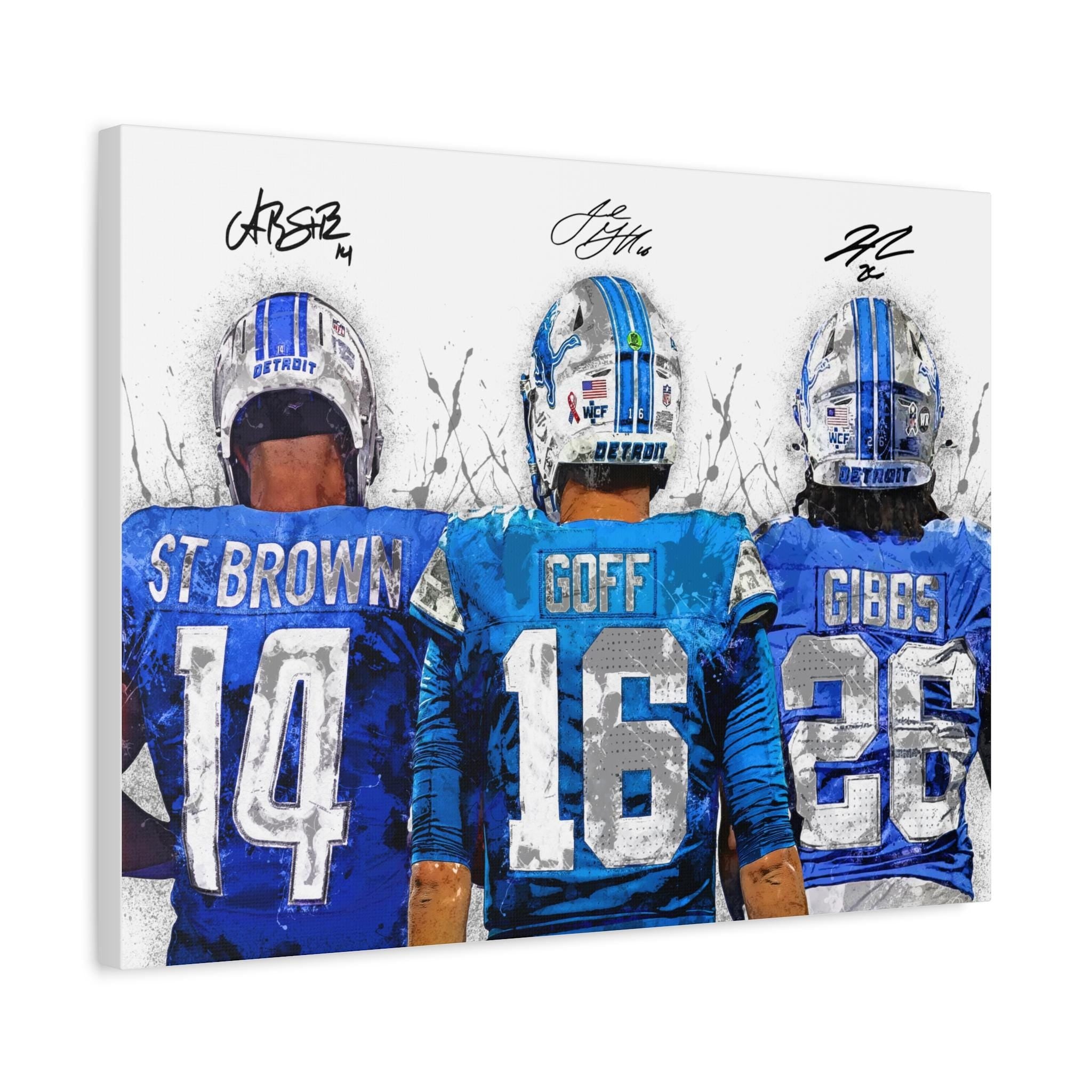 Jared Goff, Amon-Ra St. Brown, Jahmyr Gibbs, Detroit Lions, Gallery Canvas Wrap, Premium Poster, Wall Art, Man Cave, Kids room, Office