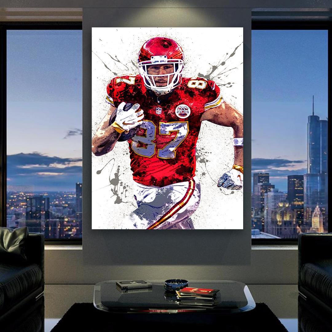 Travis Kelce Poster, Kansas City Chiefs, Gallery Canvas Wrap or Museum-Quality Poster, Fine Art, Man Cave, Kids room