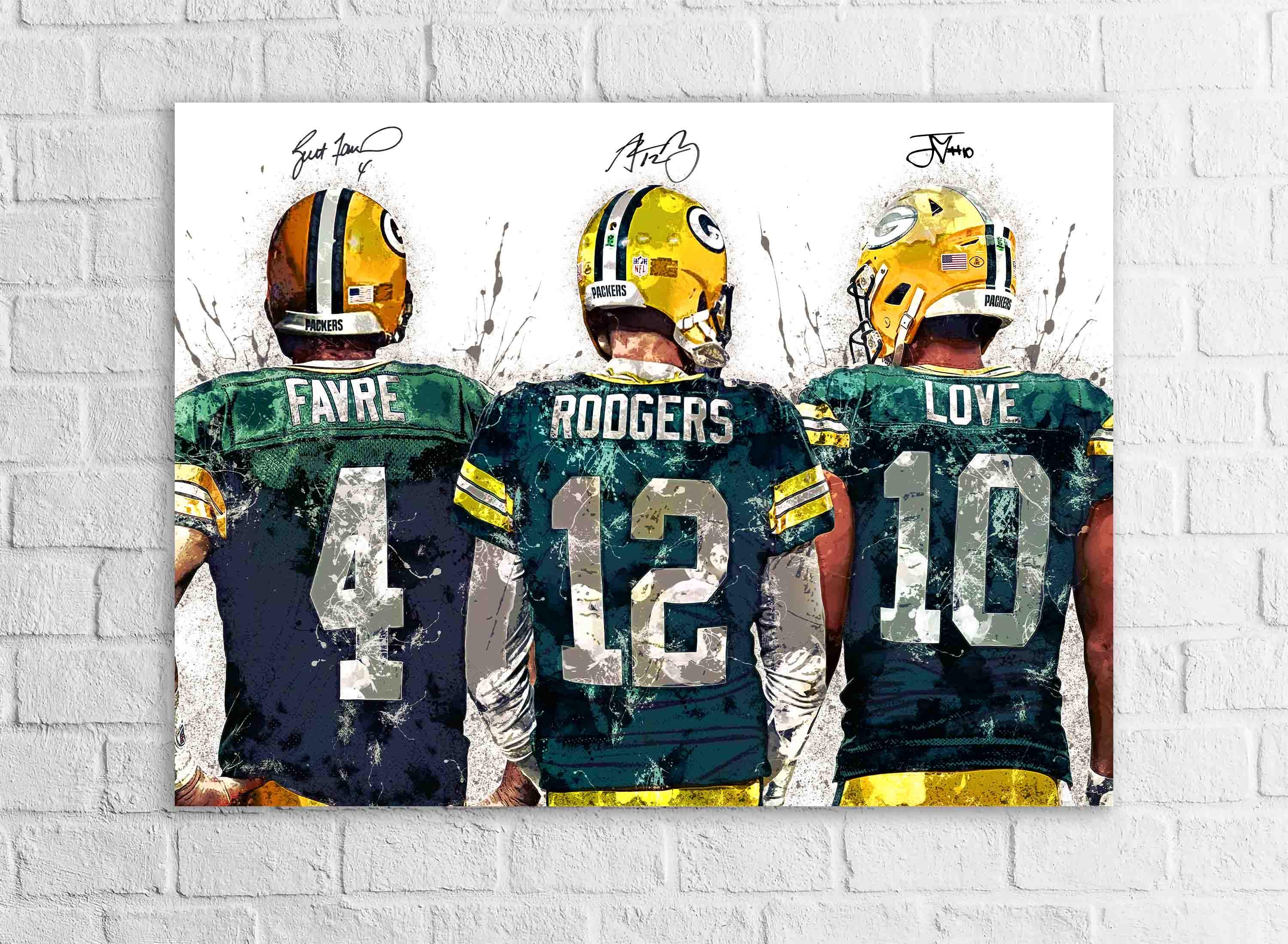 Jordan Love, Aaron Rodgers, Brett Favre, Green bay Packers, Canvas Wrap or Museum-Quality Poster, Fine Art, Man Cave, Kids room, Dorm Room