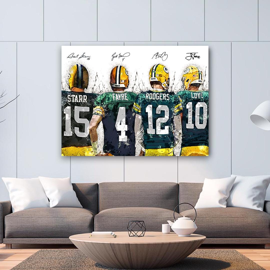 Jordan Love, Aaron Rodgers, Brett Favre, Bart Starr Green bay Packers, Gallery Canvas Wrap or Museum-Quality Poster, Man Cave, Kids room