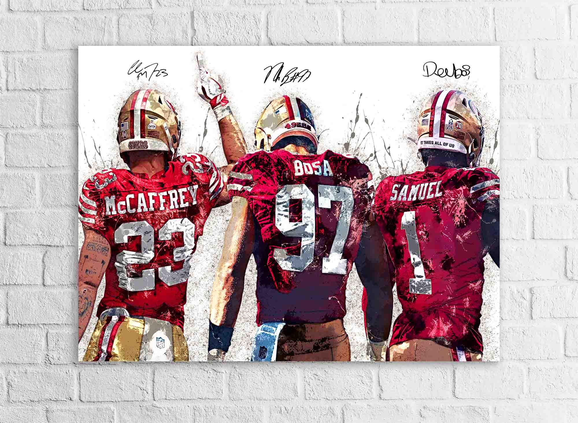 Christian McCaffrey, Deebo Samuel, Brock Purdy San Francisco 49ers, Gallery Canvas Wrap or Premium Poster, Fine Art, Man Cave, Kids room