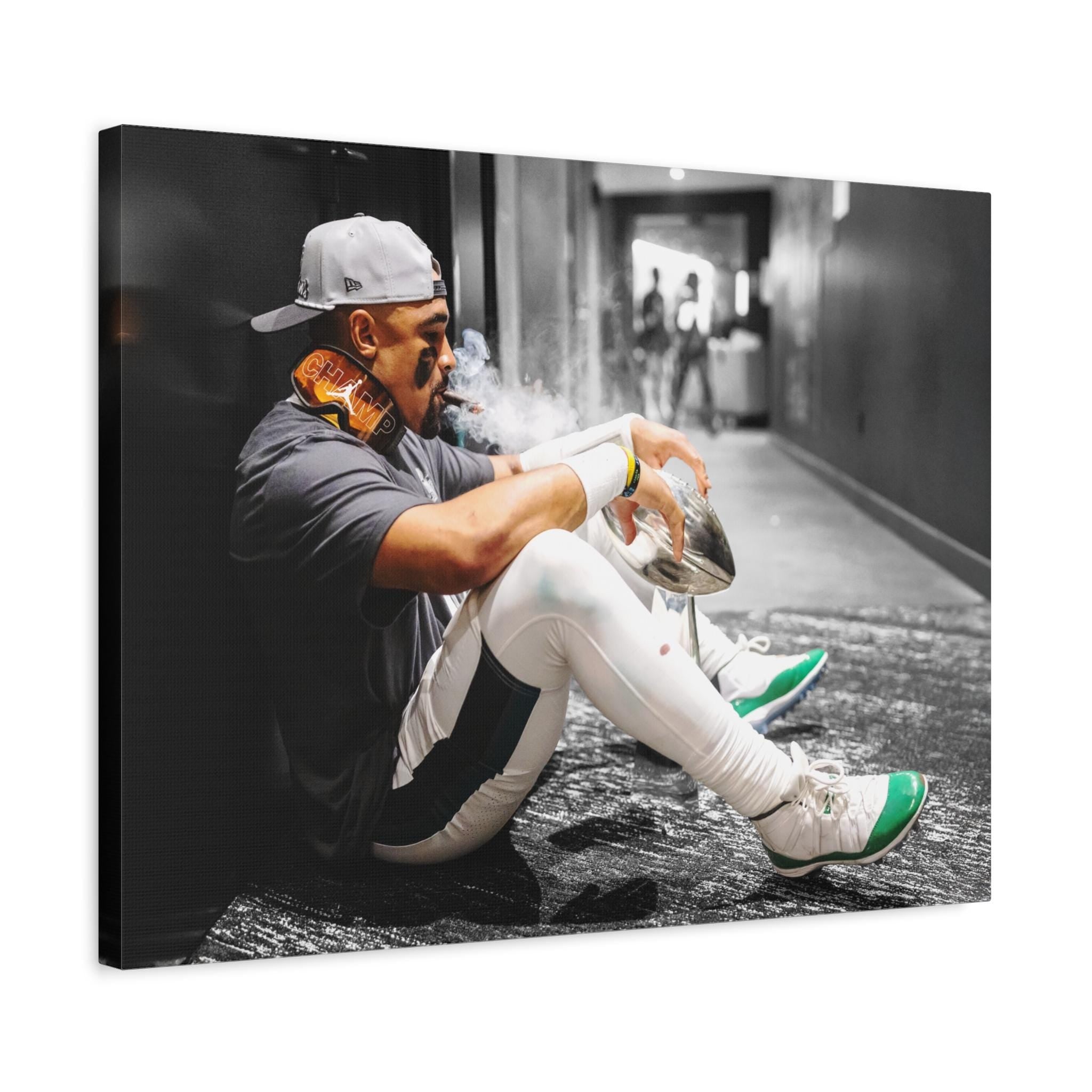 Jalen Hurts, Trophy, Philadelphia Eagles, Canvas Wrap or Museum-Quality Poster, Fine Art, Wall Decor for Man Cave, Kids room