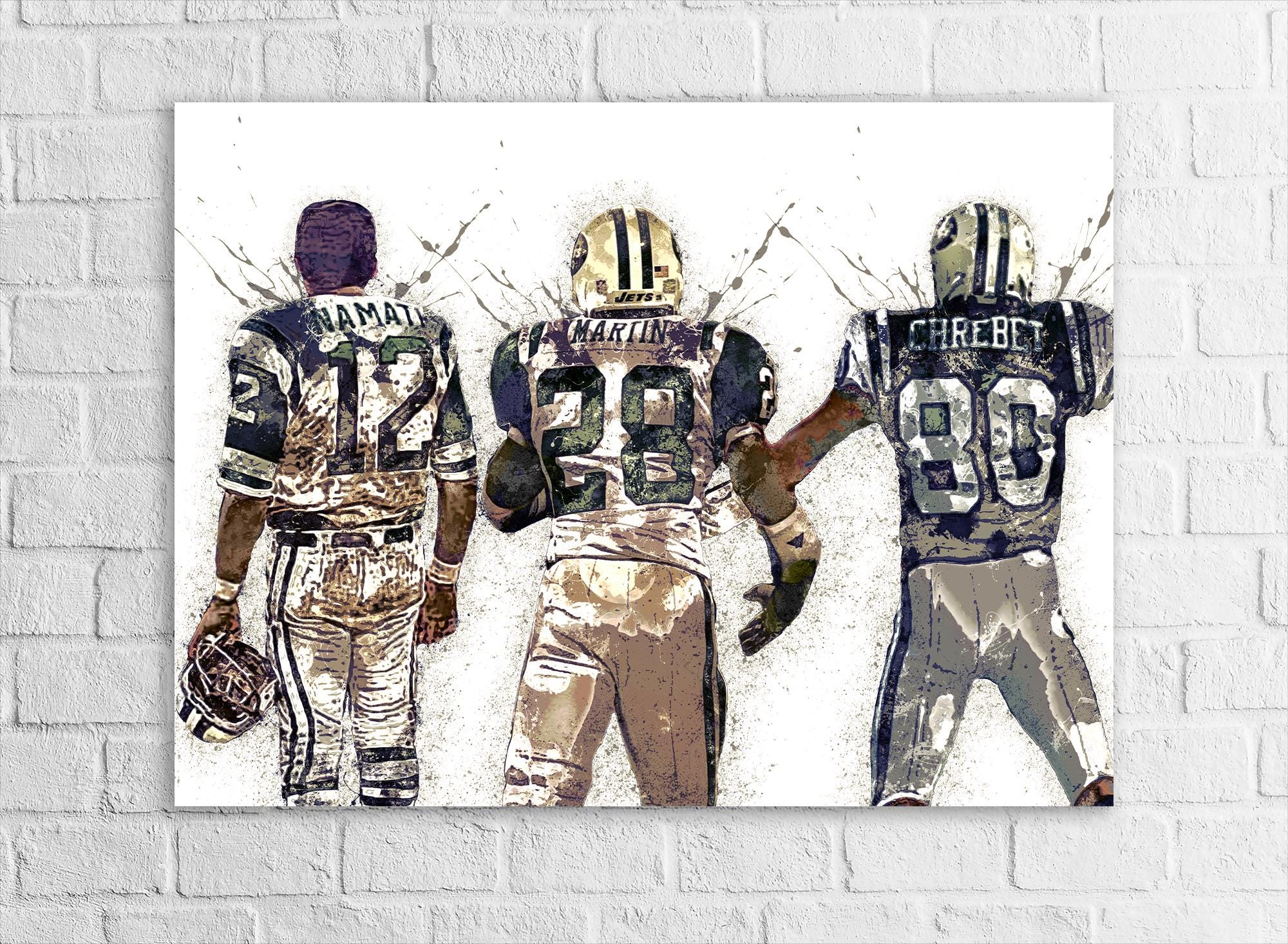 Curtis Martin, Joe Namath, Wayne Chrebet Poster, NY Jets, Gallery Canvas Wrap or Premium Poster, Fine Art, Man Cave, Kids room