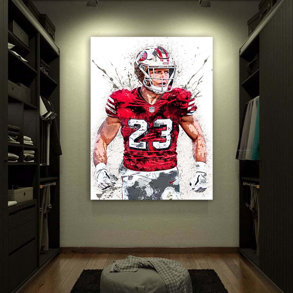Christian McCaffrey Poster, San Francisco 49ers, Gallery Canvas Wrap or Premium Poster, Fine Art Quality, Man Cave, Kids room
