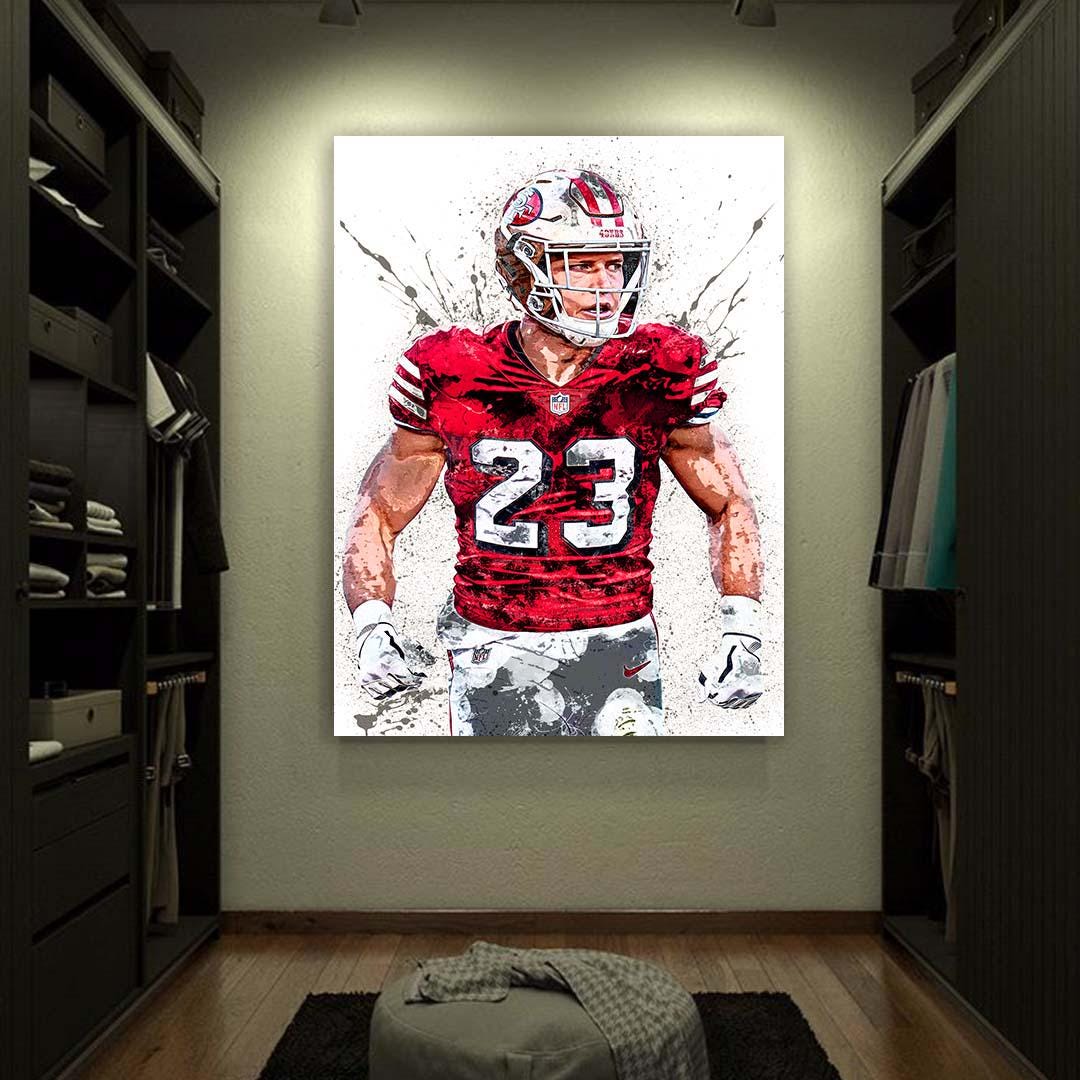 Christian McCaffrey Poster, San Francisco 49ers, Gallery Canvas Wrap or Premium Poster, Fine Art Quality, Man Cave, Kids room
