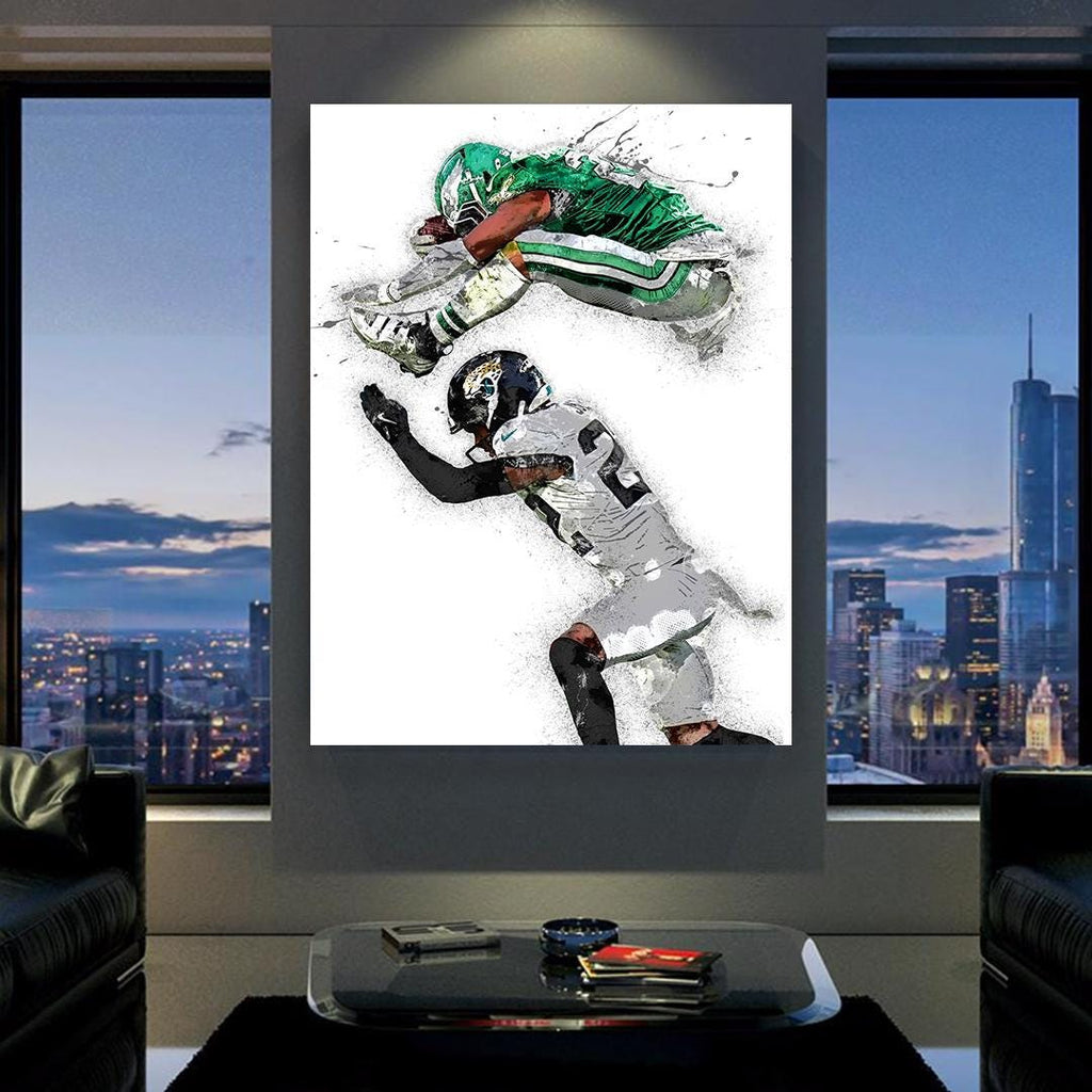 Saquon Barkley Poster, Reverse Hurdle, Philadelphia Eagles, Gallery Canvas Wrap or Premium Poster, Fine Art, Man Cave, Kids room