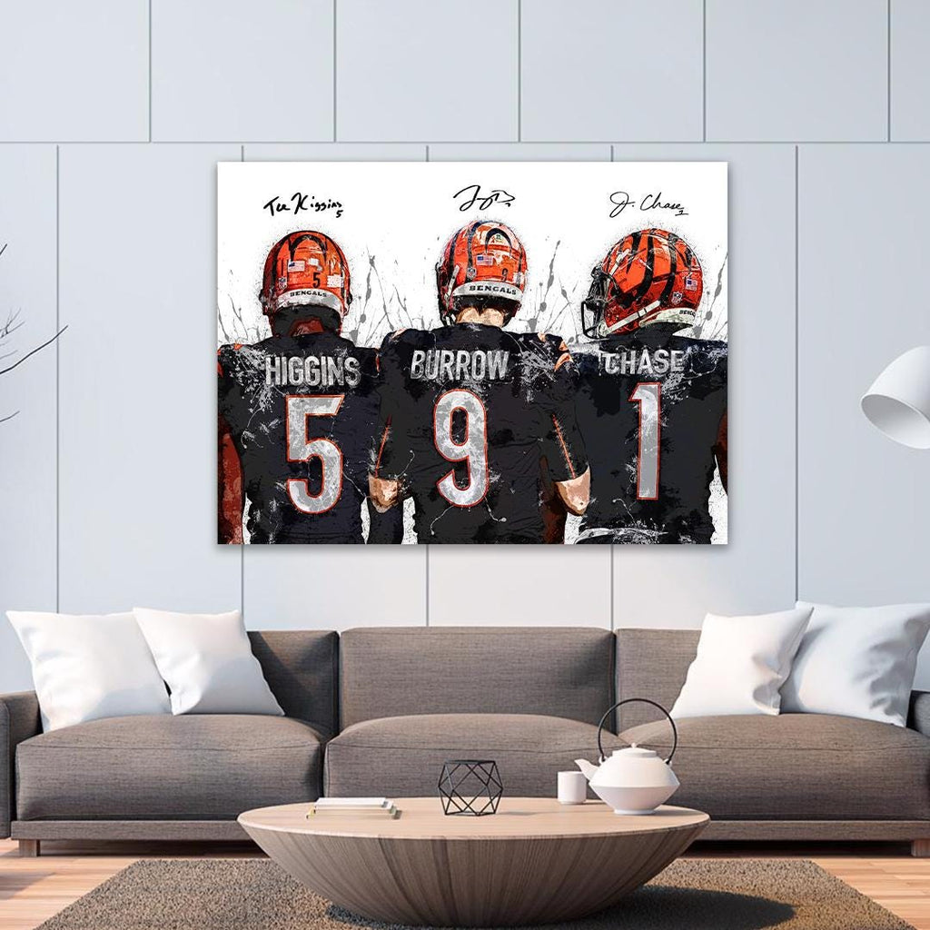 Joe Burrow, Ja'Marr Chase, Tee Higgins, Cincinnati Bengals, Canvas Wrap or Museum-Quality Poster, Fine Art, Man Cave, Kids room, Office