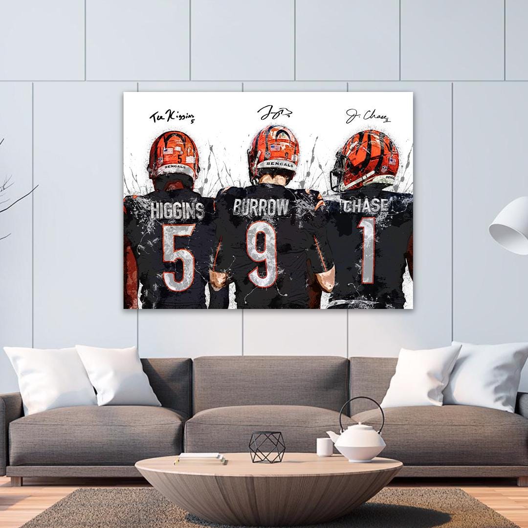 Joe Burrow, Ja'Marr Chase, Tee Higgins, Cincinnati Bengals, Canvas Wrap or Museum-Quality Poster, Fine Art, Man Cave, Kids room, Office