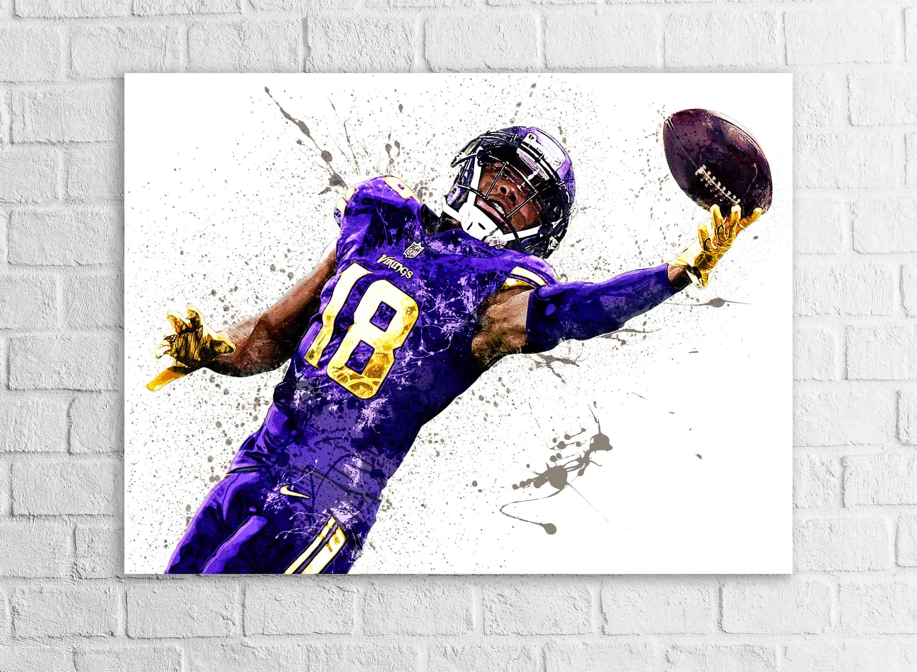Justin Jefferson, "The Catch", Minnesota Vikings, Canvas Wrap or Museum-Quality Poster, Fine Art, Wall Decor, Man Cave, Kids room