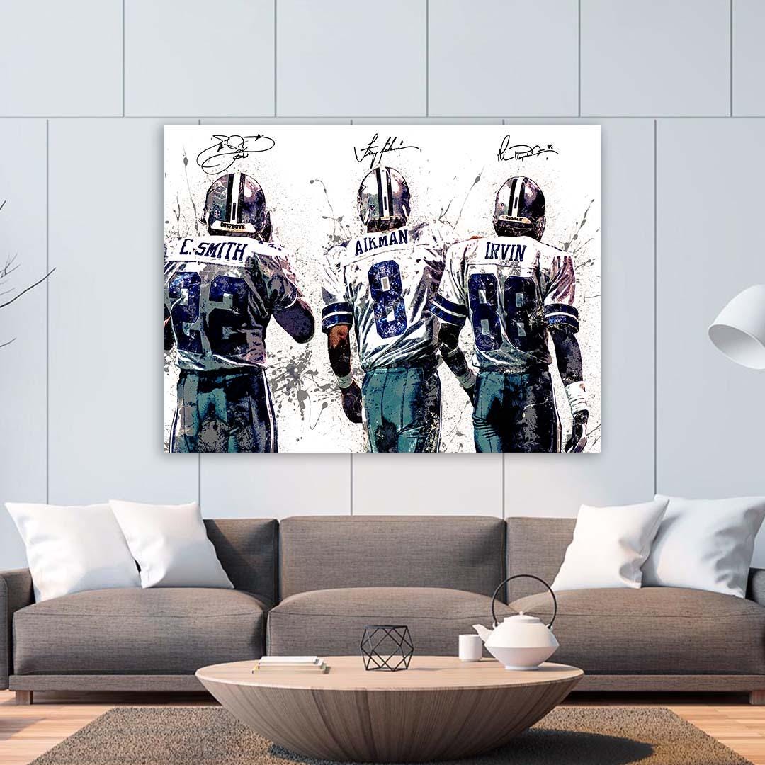 Troy Aikman, Emmitt Smith, Michael Irvin, Dallas Cowboys, Legends, Gallery Canvas Wrap, Museum-Quality Poster, Man Cave, Kids room, Office