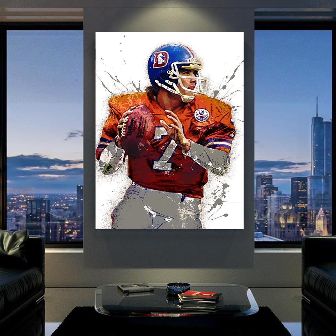 John Elway Poster, Denver Broncos, Gallery Canvas Wrap or Museum-Quality Poster, Fine Art, Wall Decor for Man Cave, Kids room