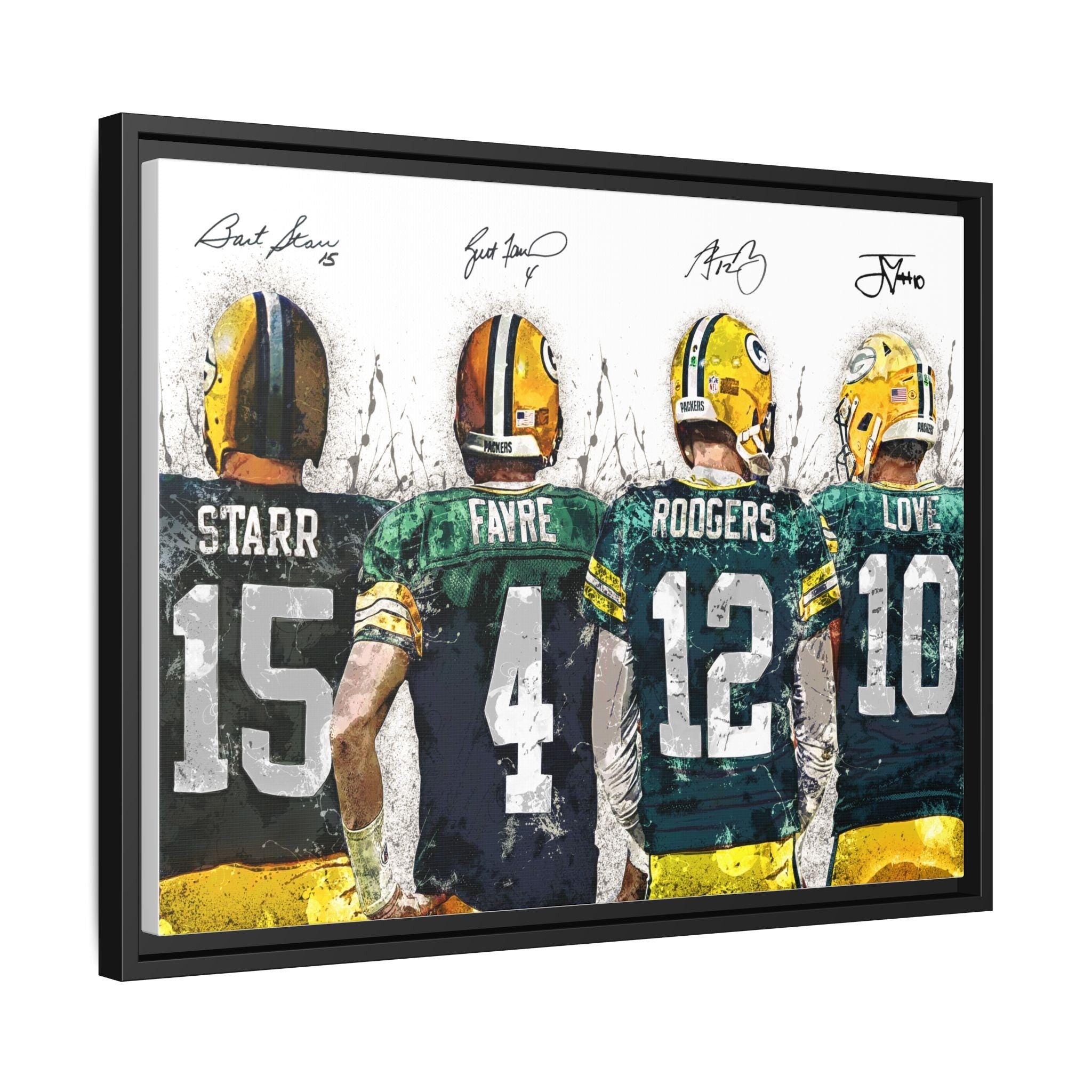Jordan Love, Aaron Rodgers, Brett Favre, Bart Starr Green bay Packers, Gallery Canvas Wrap or Museum-Quality Poster, Man Cave, Kids room