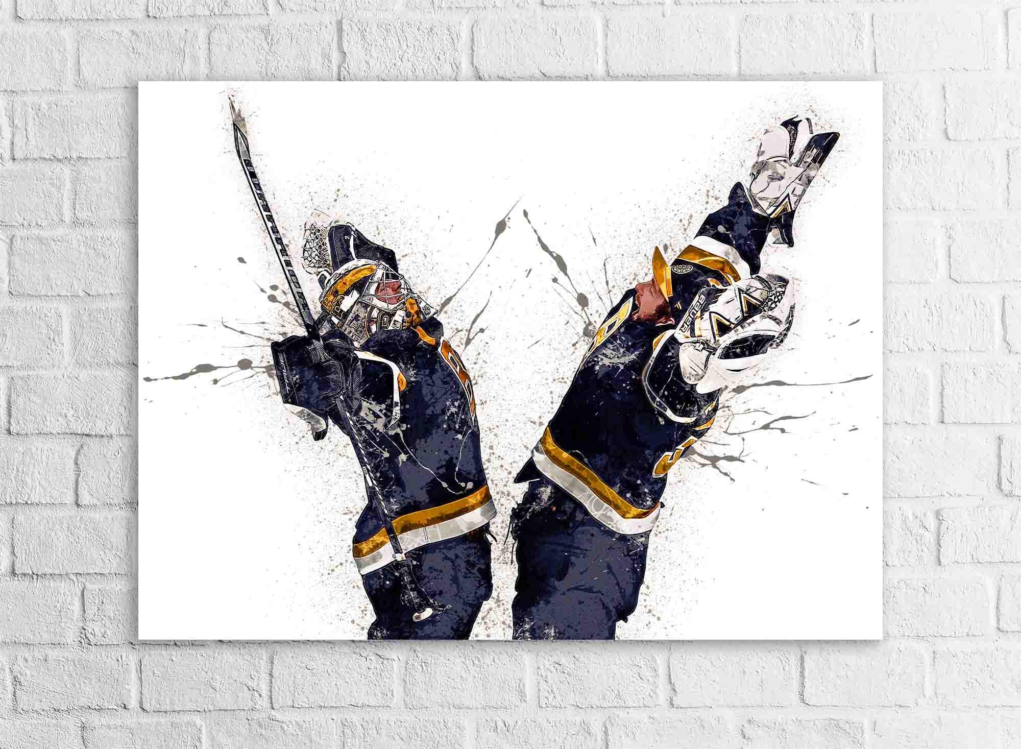 Jeremy Swayman, Linus Ullmark, Celebration, Boston Bruins, Gallery Canvas Wrap or Museum-Quality Poster, Man Cave, Kids room, Office