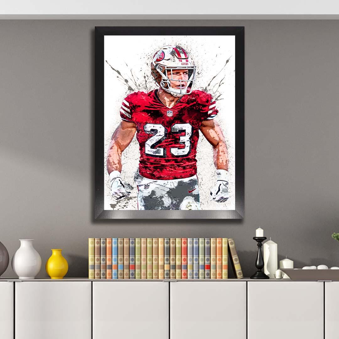 Christian McCaffrey Poster, San Francisco 49ers, Gallery Canvas Wrap or Premium Poster, Fine Art Quality, Man Cave, Kids room