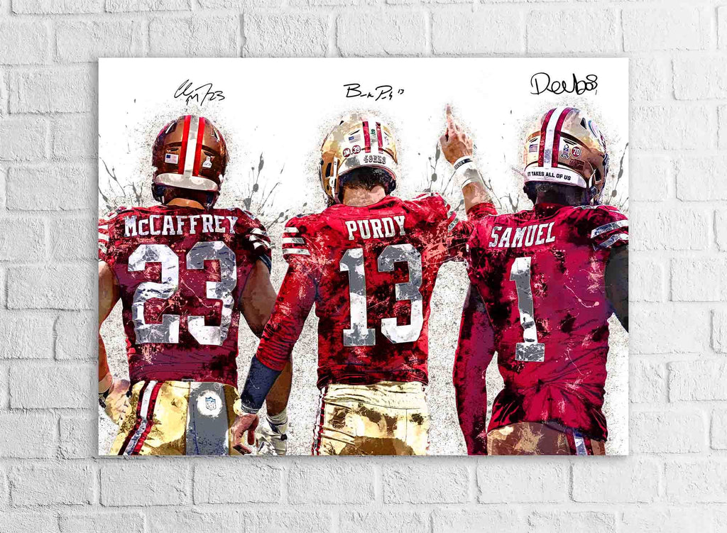 Christian McCaffrey, Deebo Samuel, Brock Purdy San Francisco 49ers, Gallery Canvas Wrap or Premium Poster, Fine Art, Man Cave, Kids room