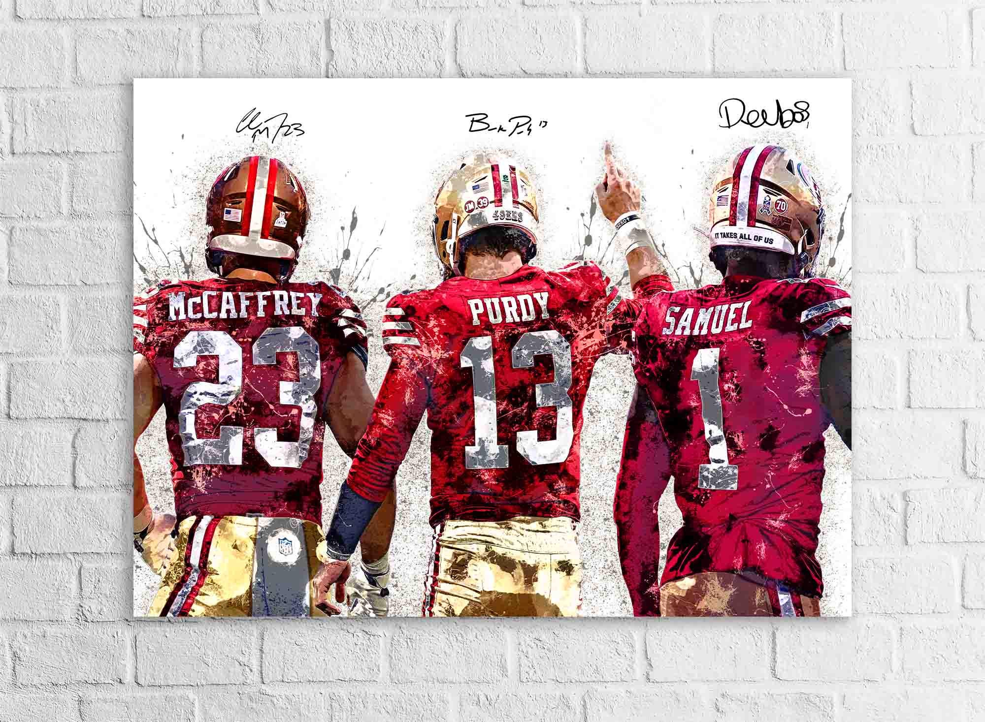 Christian McCaffrey, Deebo Samuel, Brock Purdy San Francisco 49ers, Gallery Canvas Wrap or Premium Poster, Fine Art, Man Cave, Kids room