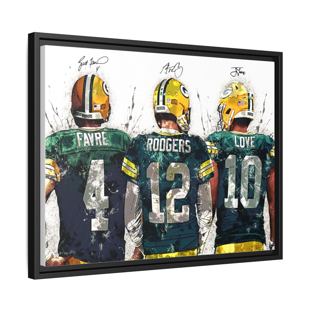 Green Bay Packers Quarterbacks Art Print – Featuring Brett Favre, Aaron Rodgers, and Jordan Love in a bold watercolor design. A must-have gift for Packers fans, perfect for man caves, sports rooms, or game-day decor. Printed on gallery-quality materials for a premium look and feel