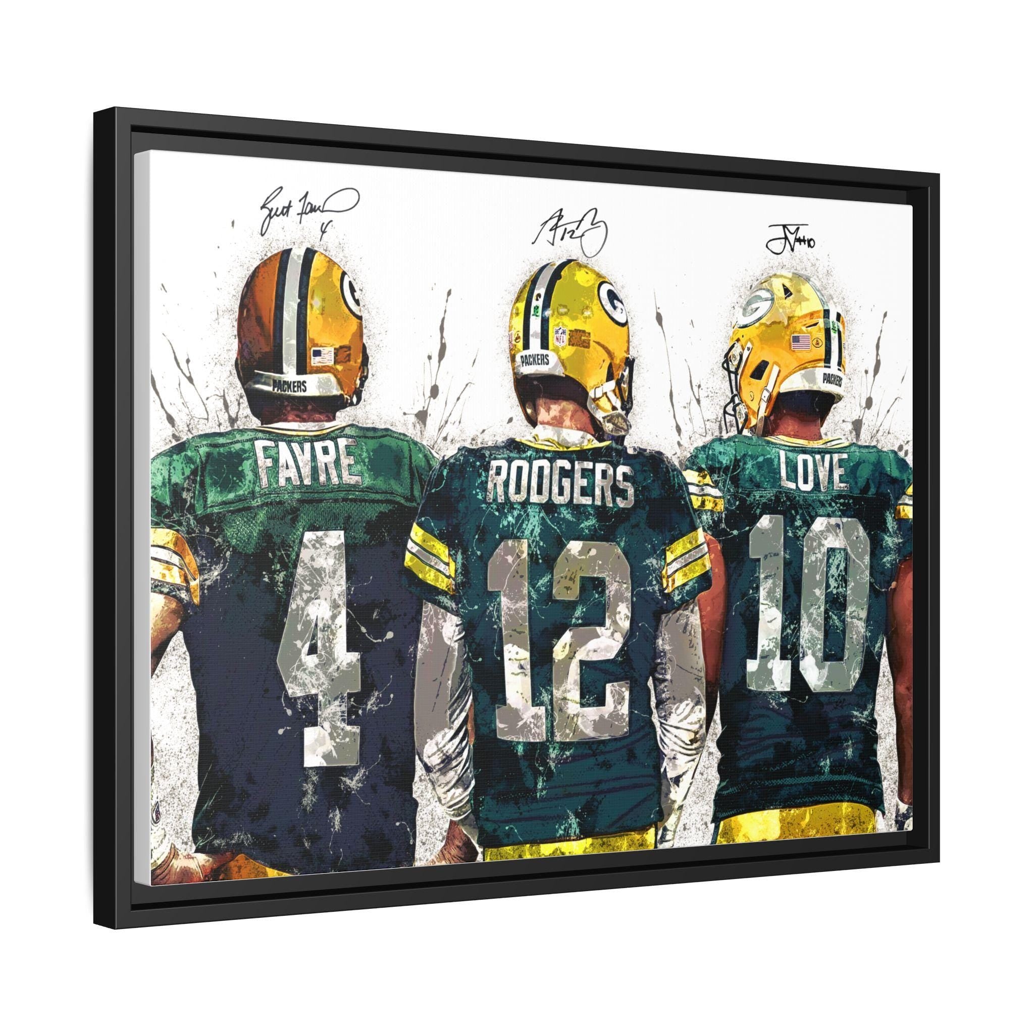 Green Bay Packers Quarterbacks Art Print – Featuring Brett Favre, Aaron Rodgers, and Jordan Love in a bold watercolor design. A must-have gift for Packers fans, perfect for man caves, sports rooms, or game-day decor. Printed on gallery-quality materials for a premium look and feel