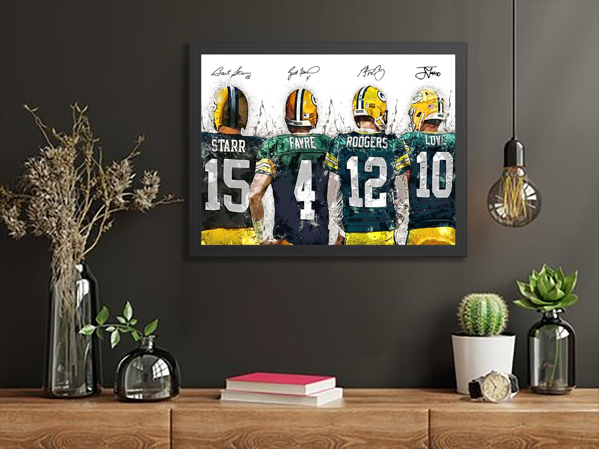 Jordan Love, Aaron Rodgers, Brett Favre, Bart Starr Green bay Packers, Gallery Canvas Wrap or Museum-Quality Poster, Man Cave, Kids room