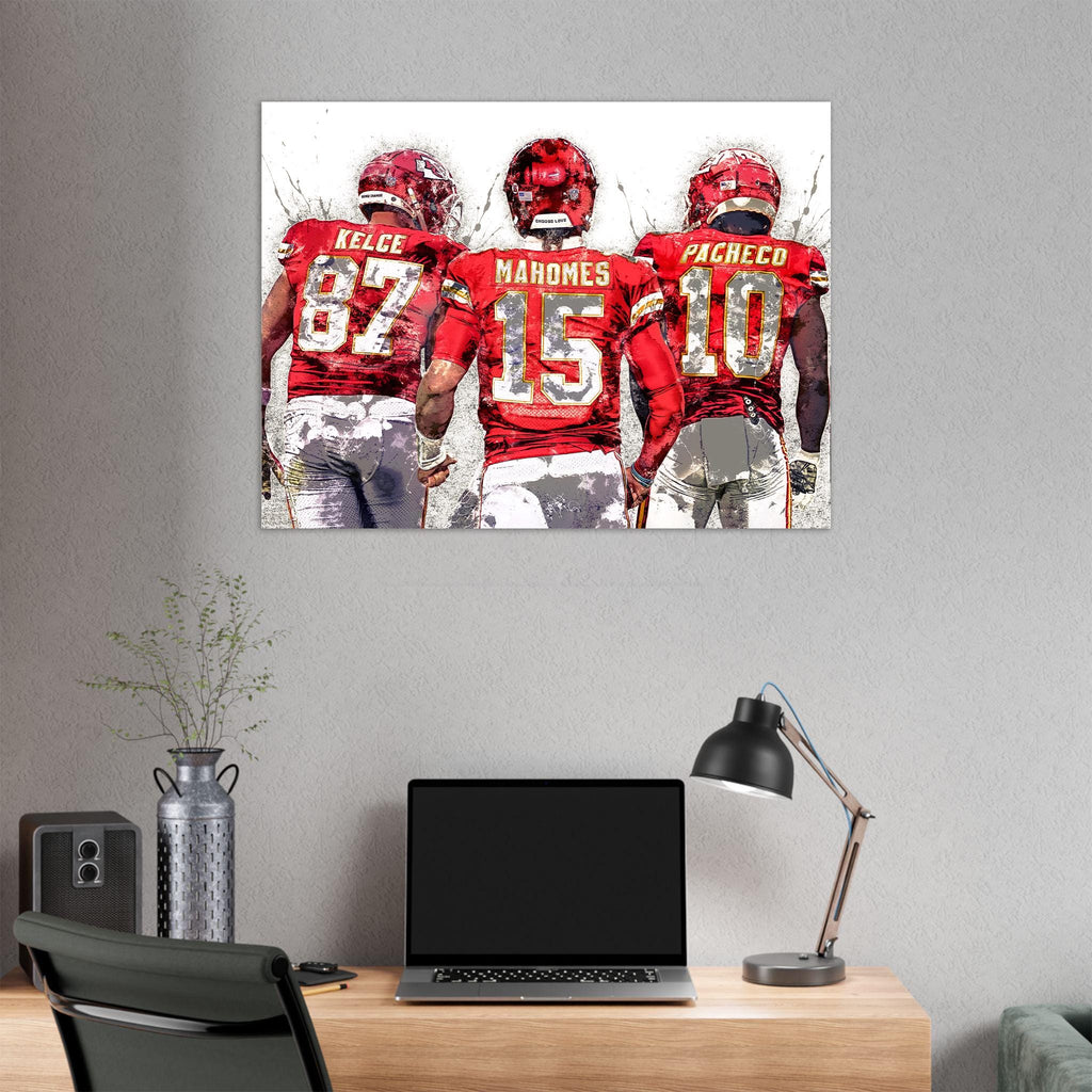 Patrick Mahomes, Travis Kelce, Isiah Pacheco, Kansas City Chiefs, Gallery Canvas Wrap or Premium Poster Print, Fine Art, Man Cave, Kids room