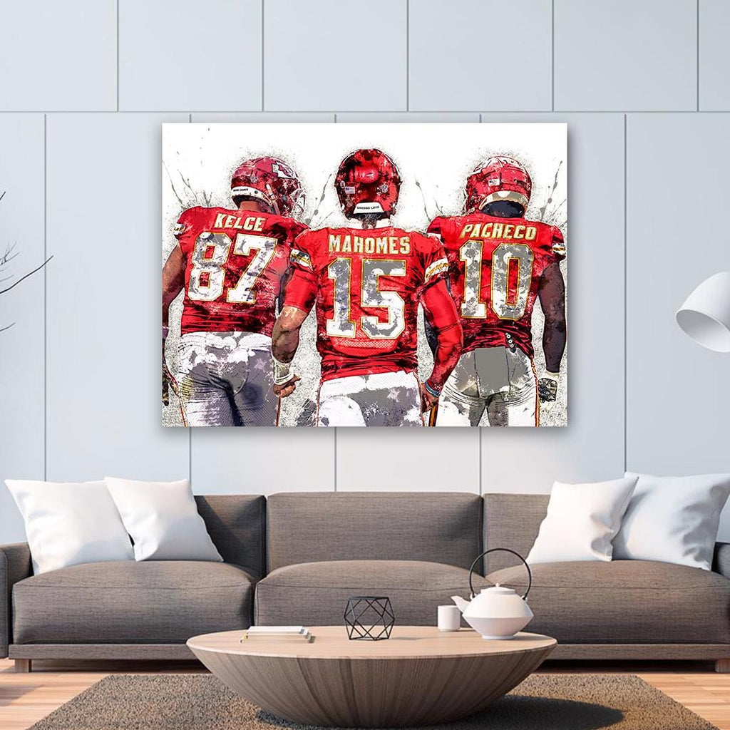 Patrick Mahomes, Travis Kelce, Isiah Pacheco, Kansas City Chiefs, Gallery Canvas Wrap or Premium Poster Print, Fine Art, Man Cave, Kids room