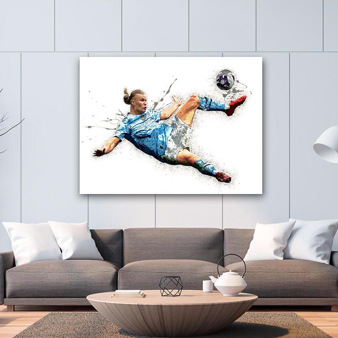 Erling Haaland, "Iconic Kick", Manchester, Gallery Canvas Wrap or Museum-Quality Poster, Wall Decor, Man Cave, Kids room, Office