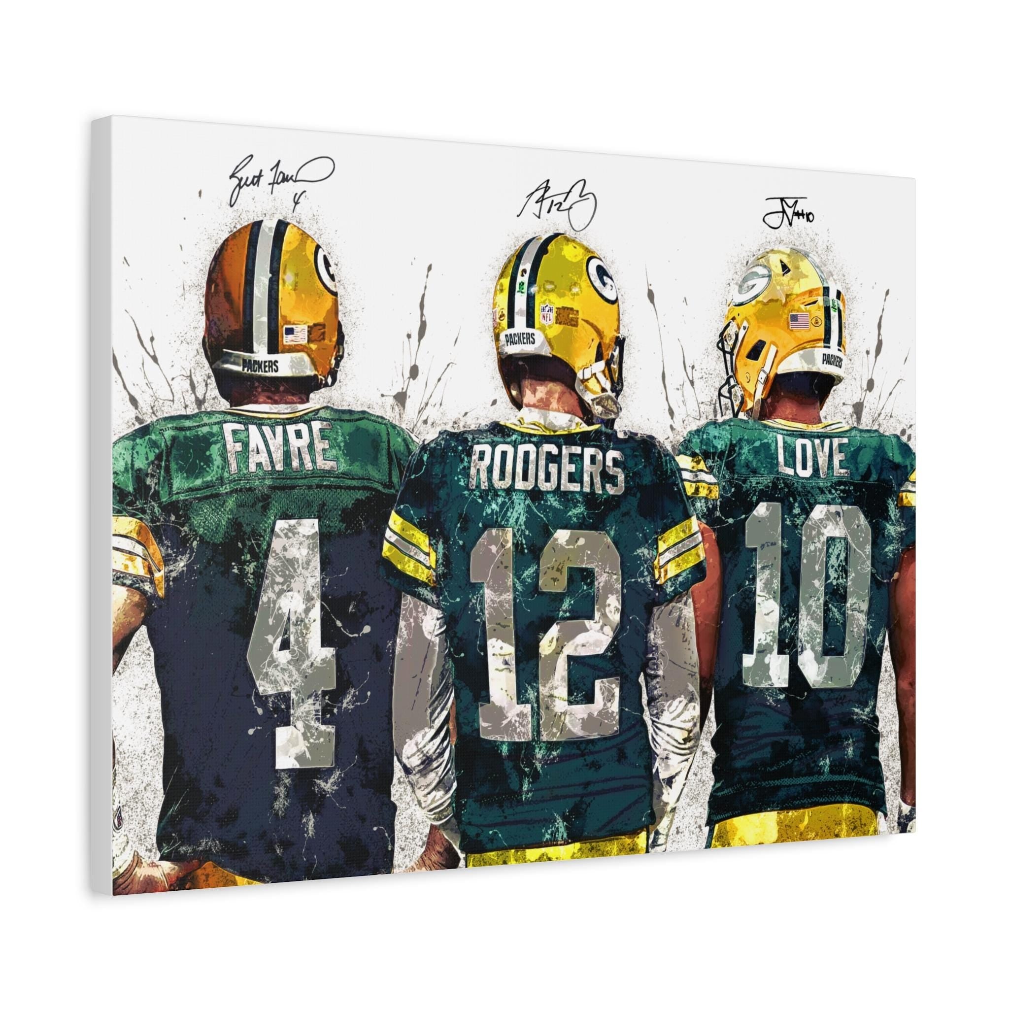 Green Bay Packers Quarterbacks Art Print – Featuring Brett Favre, Aaron Rodgers, and Jordan Love in a bold watercolor design. A must-have gift for Packers fans, perfect for man caves, sports rooms, or game-day decor. Printed on gallery-quality materials for a premium look and feel
