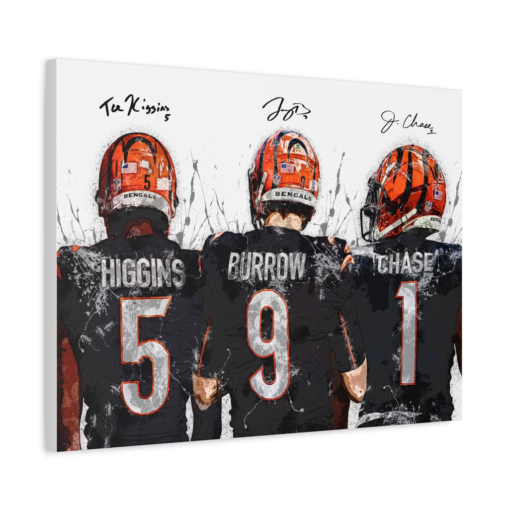 Joe Burrow, Ja'Marr Chase, Tee Higgins, Cincinnati Bengals, Canvas Wrap or Museum-Quality Poster, Fine Art, Man Cave, Kids room, Office