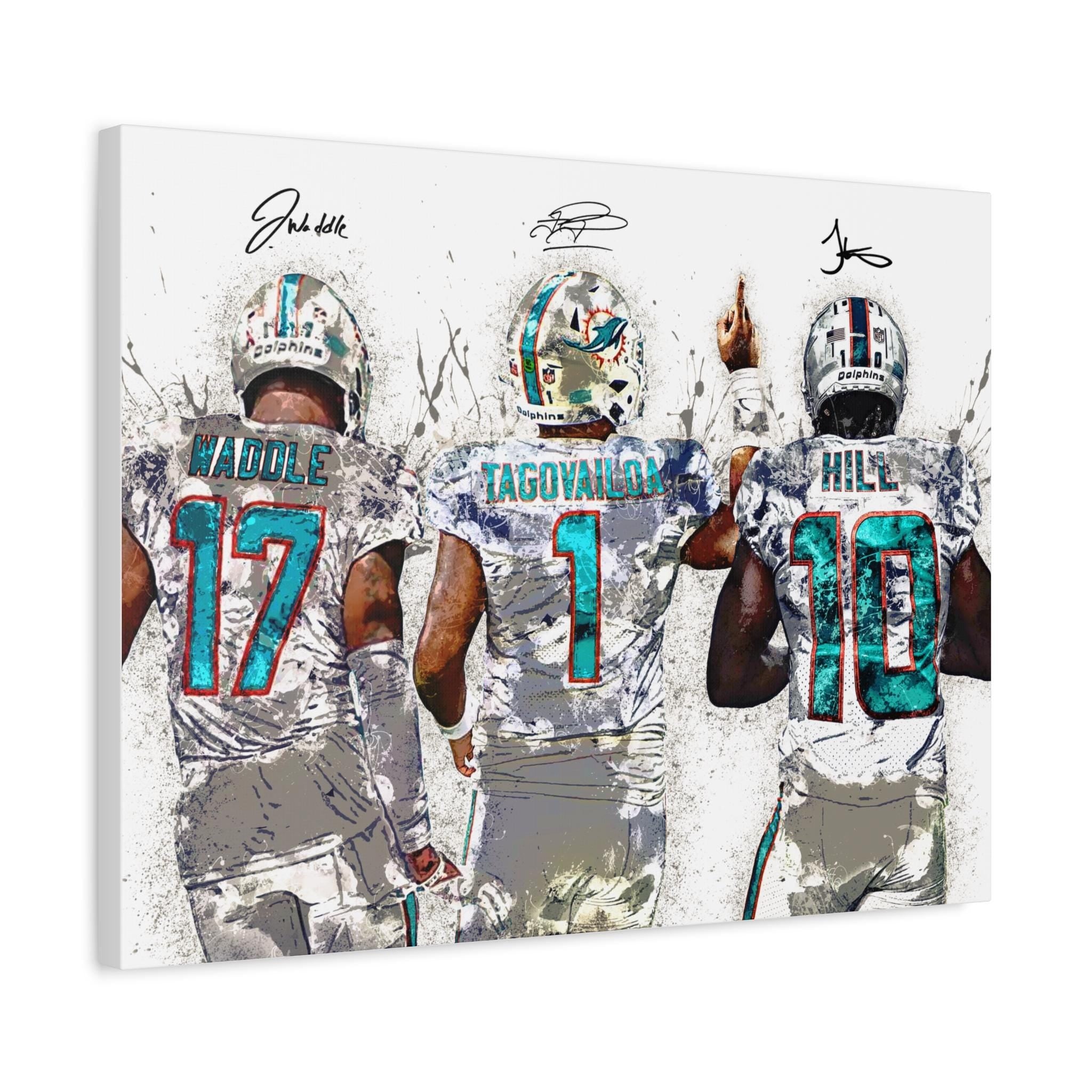 Tua Tagovailoa, Tyreek Hill, Jaylen Waddle, Miami Dolphins, Gallery Canvas Wrap or Premium Poster, Fine Art, Man Cave, Kids room