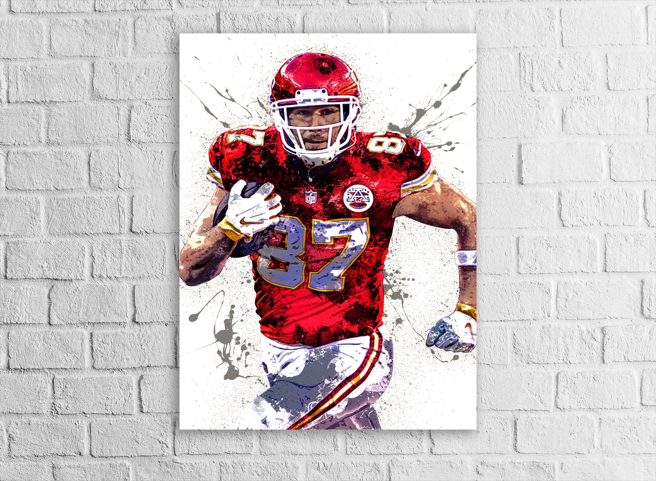 Travis Kelce Poster, Kansas City Chiefs, Gallery Canvas Wrap or Museum-Quality Poster, Fine Art, Man Cave, Kids room