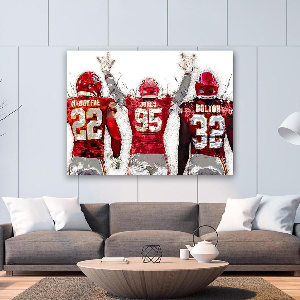 Chris Jones, Nick Bolton, Trent McDuffie, Kansas City Chiefs, Gallery Canvas Wrap or Premium Poster Print, Fine Art, Man Cave, Kids room