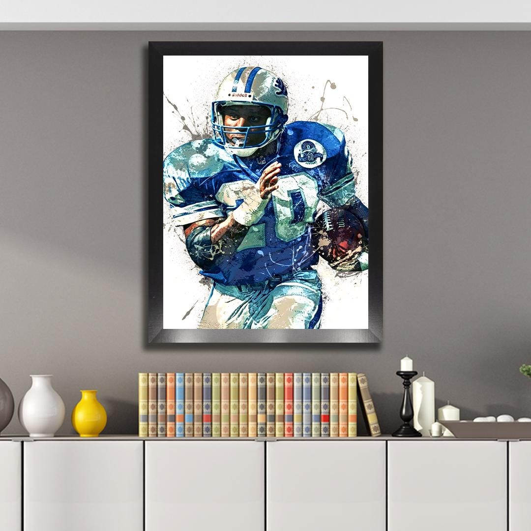 Barry Sanders Poster, Detroit Lions, Gallery Canvas Wrap or Museum-Quality Poster, Fine Art, Wall Decor for Man Cave, Kids room, Dorm