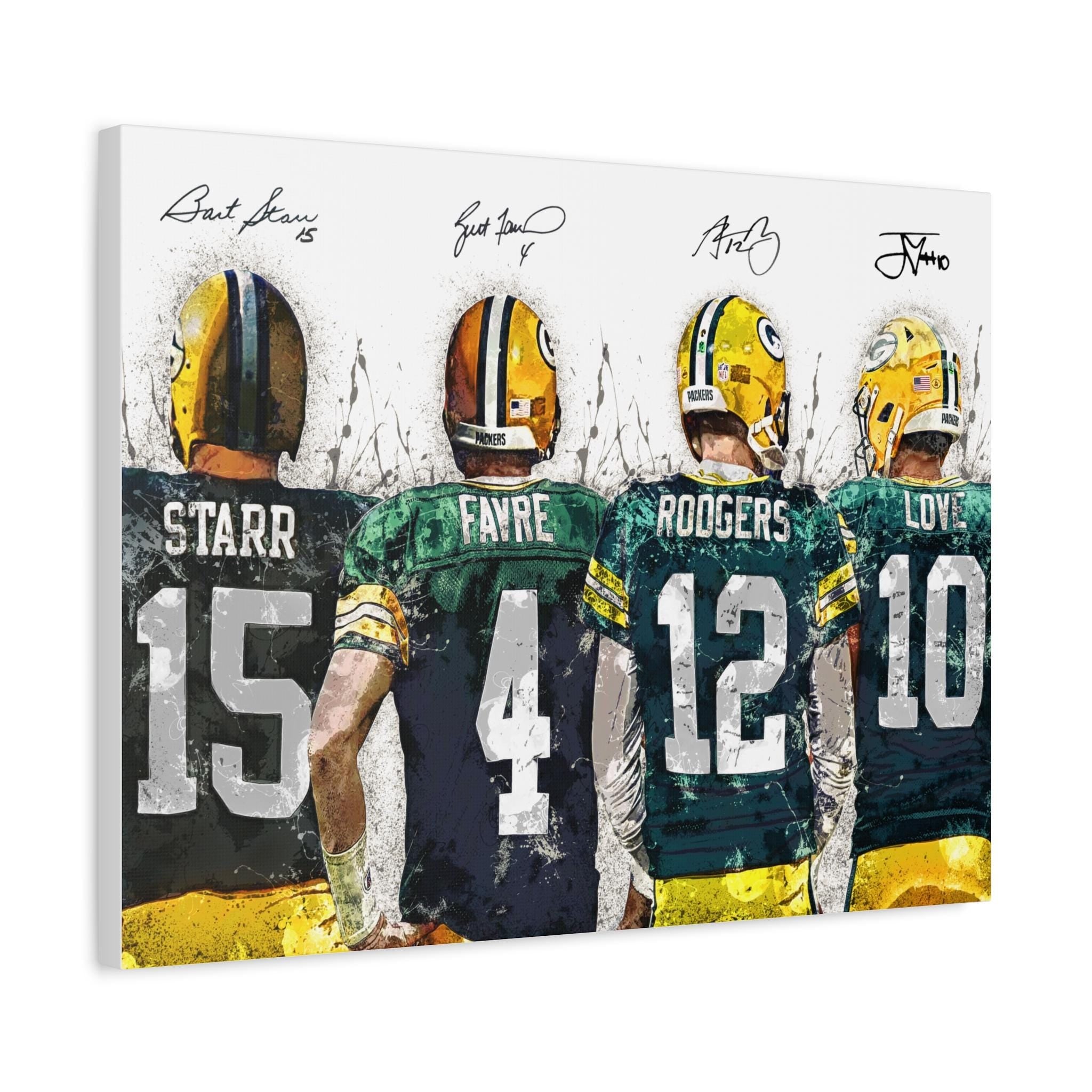 Jordan Love, Aaron Rodgers, Brett Favre, Bart Starr Green bay Packers, Gallery Canvas Wrap or Museum-Quality Poster, Man Cave, Kids room