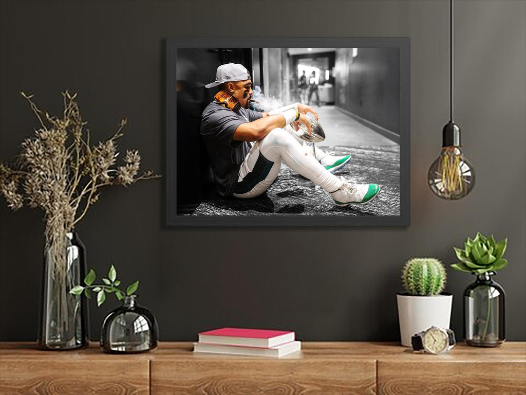 Jalen Hurts, Trophy, Philadelphia Eagles, Canvas Wrap or Museum-Quality Poster, Fine Art, Wall Decor for Man Cave, Kids room