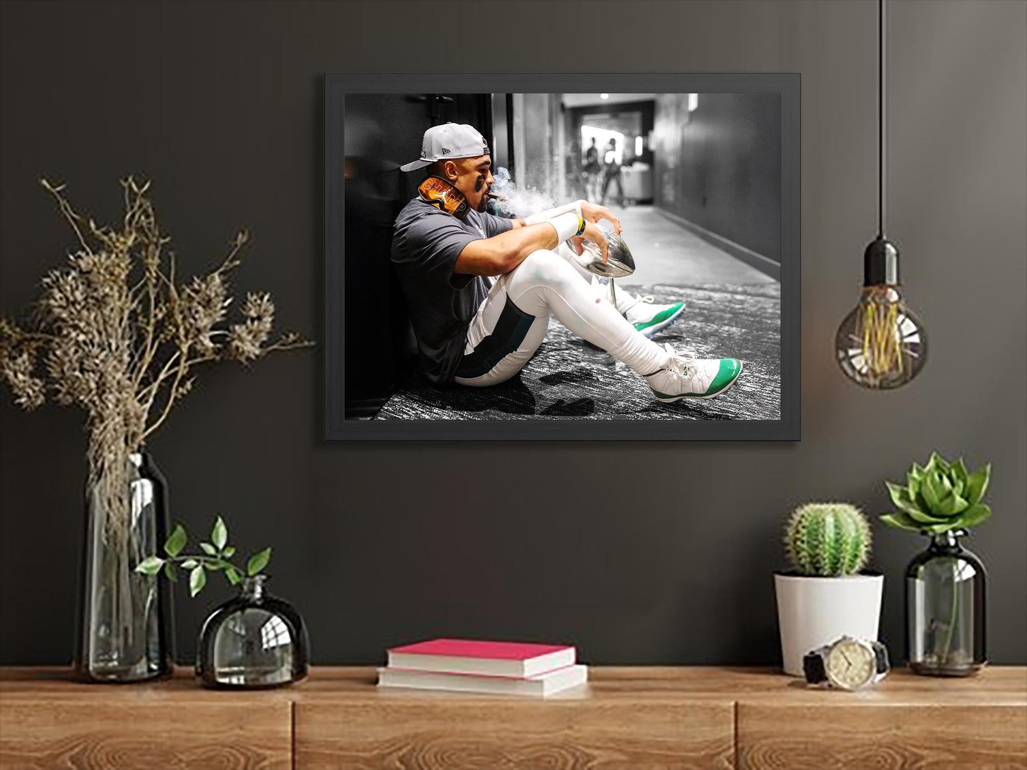 Jalen Hurts, Trophy, Philadelphia Eagles, Canvas Wrap or Museum-Quality Poster, Fine Art, Wall Decor for Man Cave, Kids room