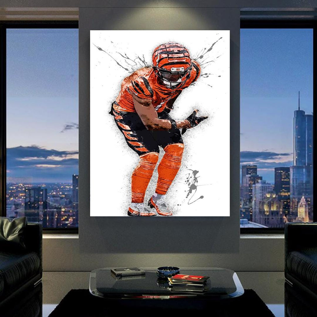 Ja'Marr Chase Poster, Celebrate, Cincinnati Bengals, Canvas Wrap or Museum-Quality Poster, Fine Art, Man Cave, Kids room, Office