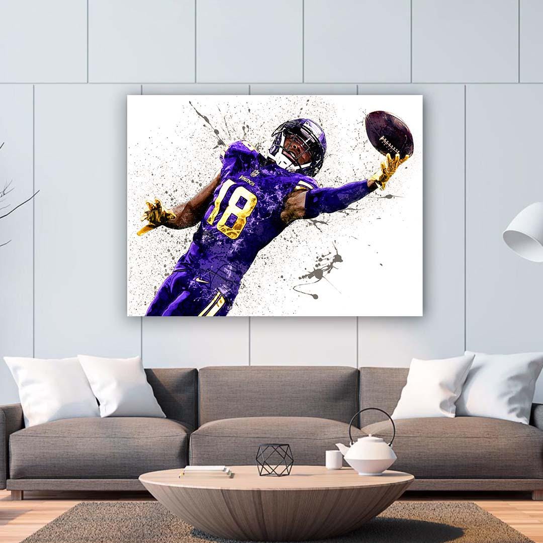 Justin Jefferson, "The Catch", Minnesota Vikings, Canvas Wrap or Museum-Quality Poster, Fine Art, Wall Decor, Man Cave, Kids room