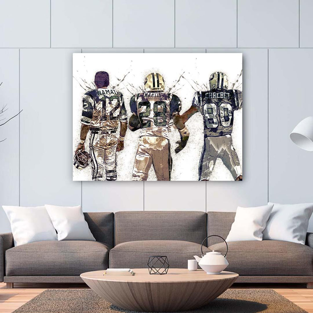 Curtis Martin, Joe Namath, Wayne Chrebet Poster, NY Jets, Gallery Canvas Wrap or Premium Poster, Fine Art, Man Cave, Kids room