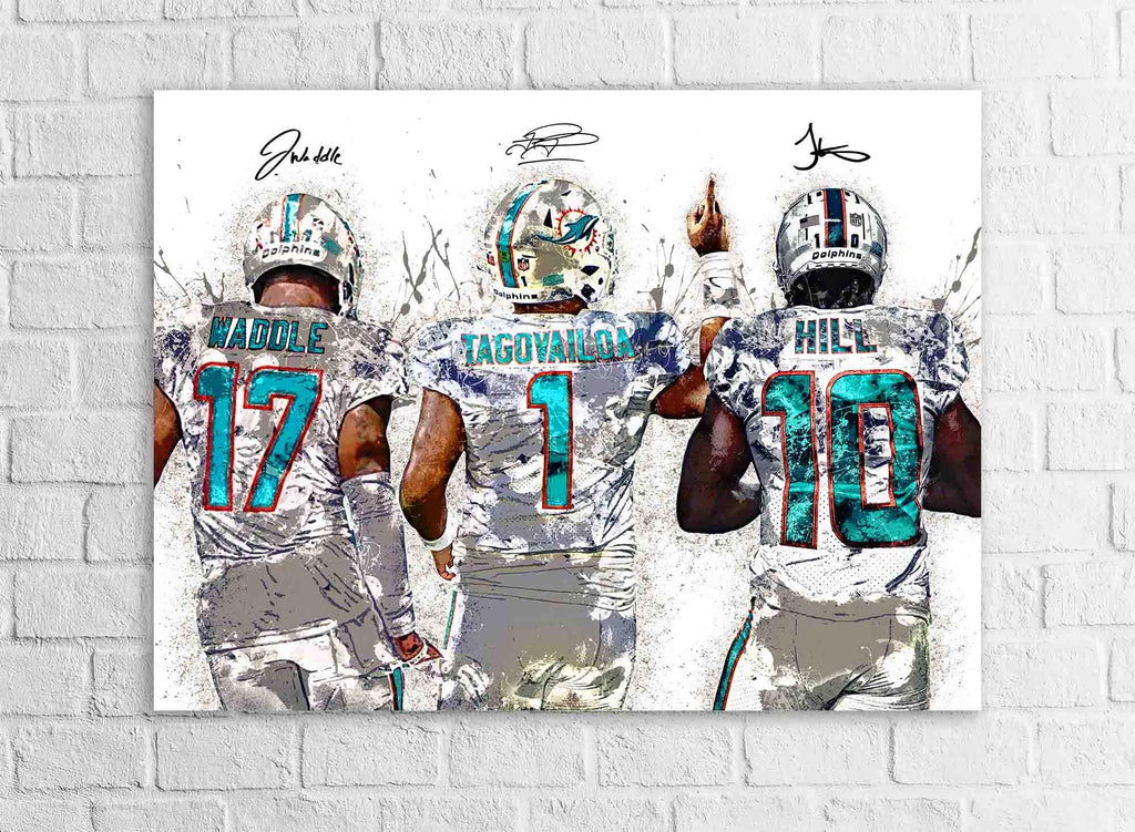Tua Tagovailoa, Tyreek Hill, Jaylen Waddle, Miami Dolphins, Gallery Canvas Wrap or Premium Poster, Fine Art, Man Cave, Kids room