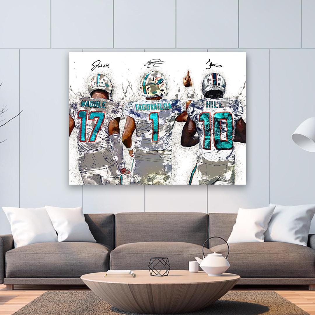 Tua Tagovailoa, Tyreek Hill, Jaylen Waddle, Miami Dolphins, Gallery Canvas Wrap or Premium Poster, Fine Art, Man Cave, Kids room