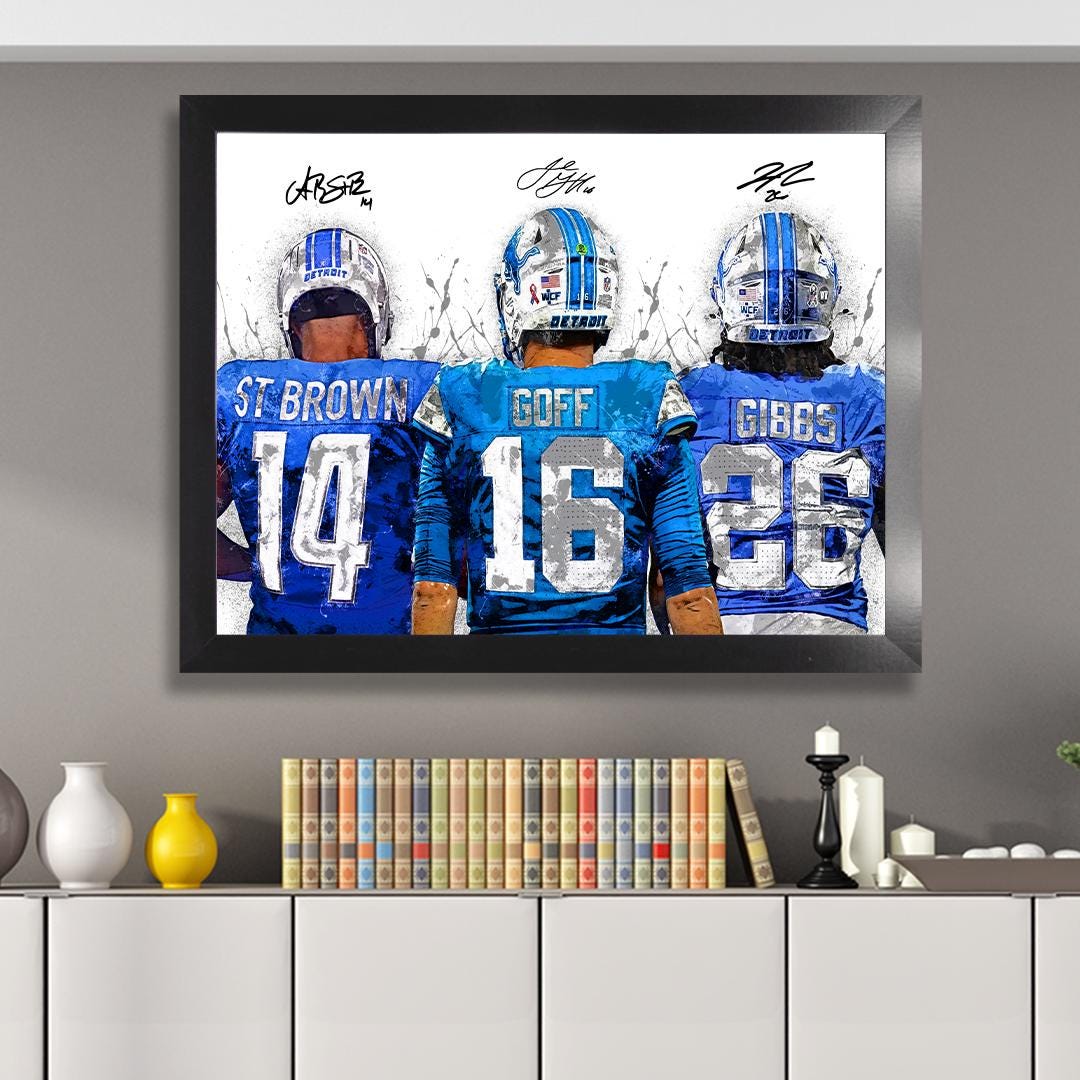 Jared Goff, Amon-Ra St. Brown, Jahmyr Gibbs, Detroit Lions, Gallery Canvas Wrap, Premium Poster, Wall Art, Man Cave, Kids room, Office