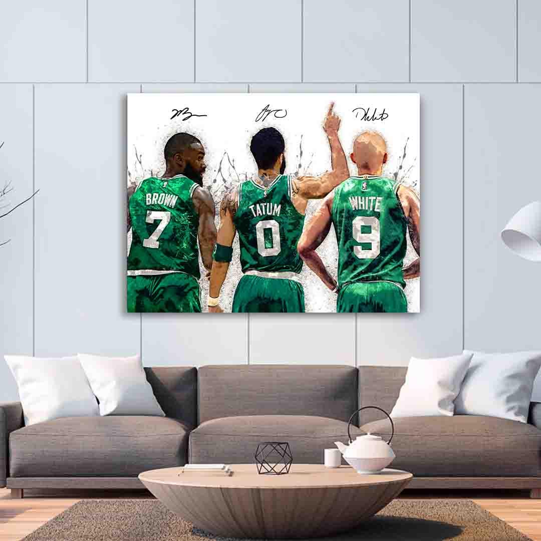 Jayson Tatum, Derrick White, Jaylen Brown, Boston Celtics, Canvas Wrap or Museum-Quality Poster, Fine Art, Man Cave, Office or Dorm Room
