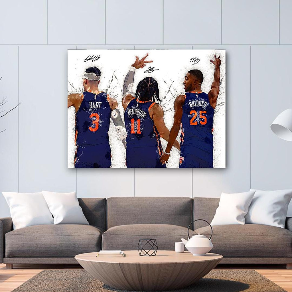 Jalen Brunson, Mikal Bridges, Josh Hart, NY Knicks, Canvas Wrap or Museum-Quality Poster Print, Fine Art, Man Cave, Office or Dorm Room