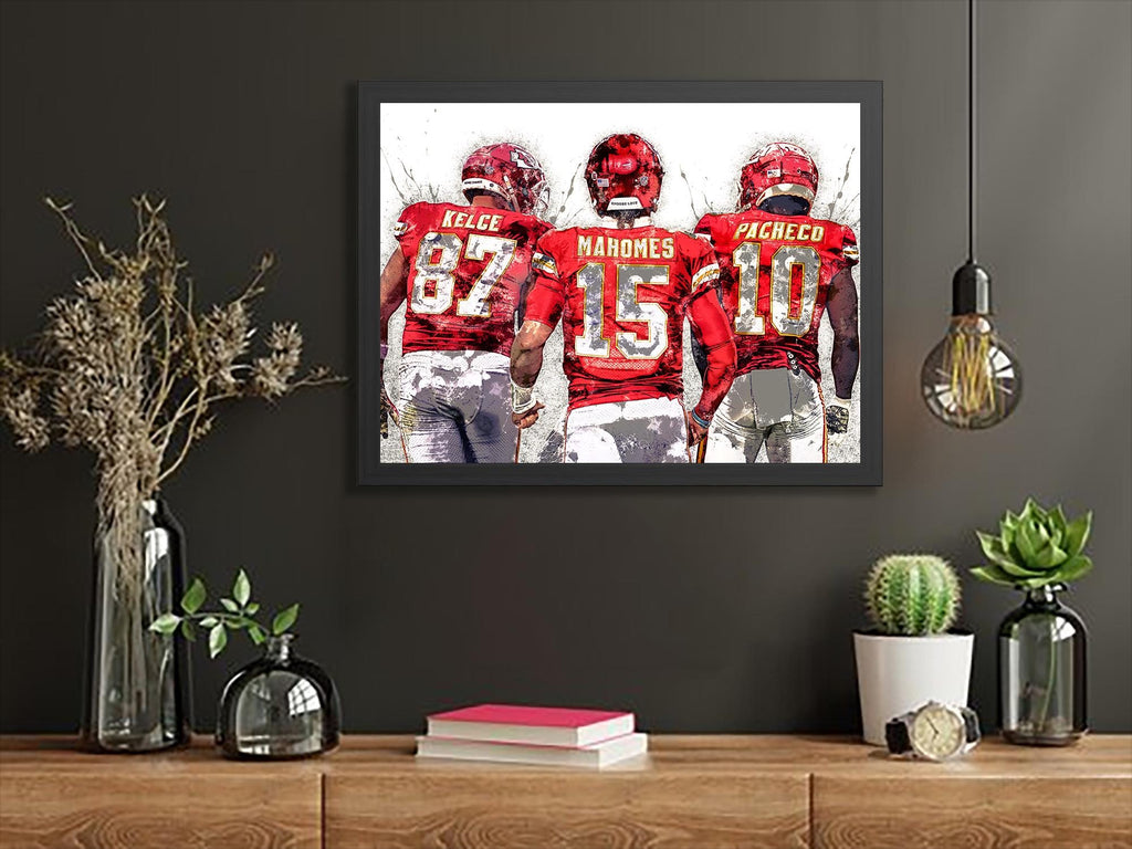 Patrick Mahomes, Travis Kelce, Isiah Pacheco, Kansas City Chiefs, Gallery Canvas Wrap or Premium Poster Print, Fine Art, Man Cave, Kids room