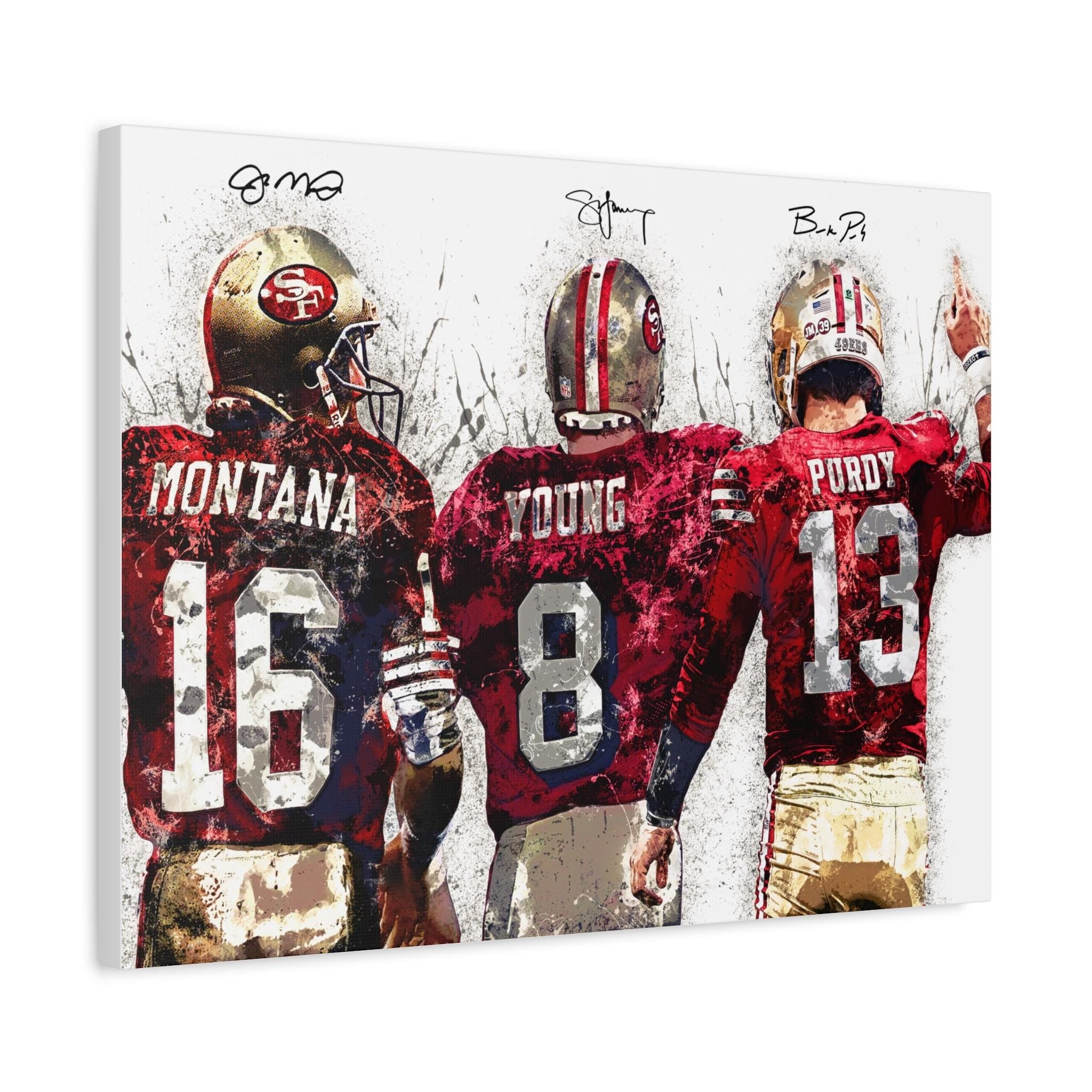 Joe Montana, Steve Young, Brock Purdy, San Francisco 49ers, Gallery Canvas Wrap or Premium Poster, Fine Art, Man Cave, Kids room