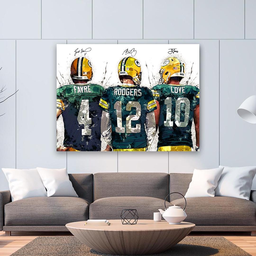 Green Bay Packers Quarterbacks Art Print – Featuring Brett Favre, Aaron Rodgers, and Jordan Love in a bold watercolor design. A must-have gift for Packers fans, perfect for man caves, sports rooms, or game-day decor. Printed on gallery-quality materials for a premium look and feel